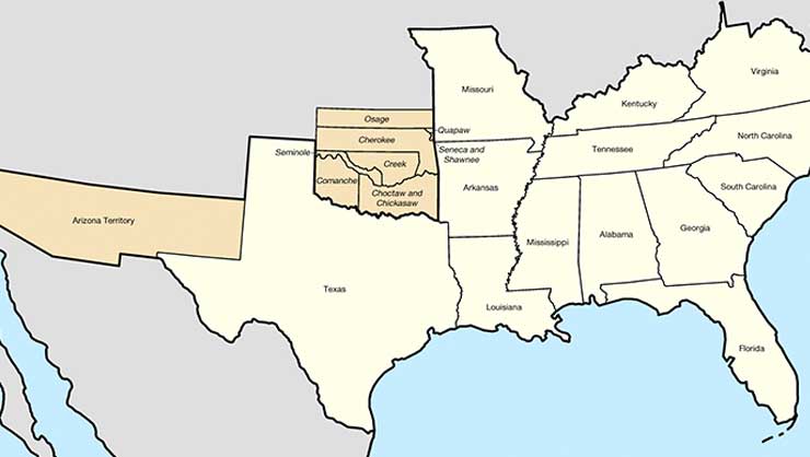 Map of United States of America showing states, territories, and allied tribes of the Confederate States of America.